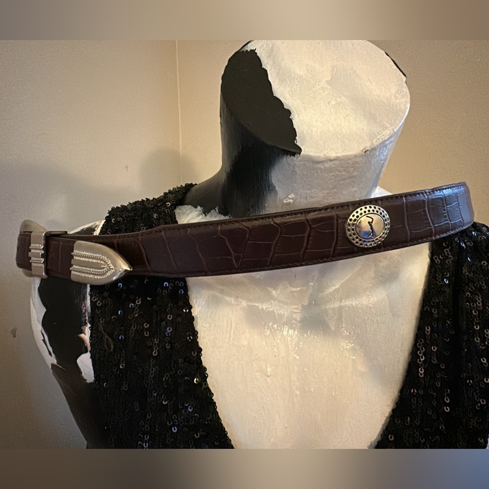 Womens Brown Leather Golfer Concho Belt Silver Buckle 1-1/4”wide Sz M 42”overall